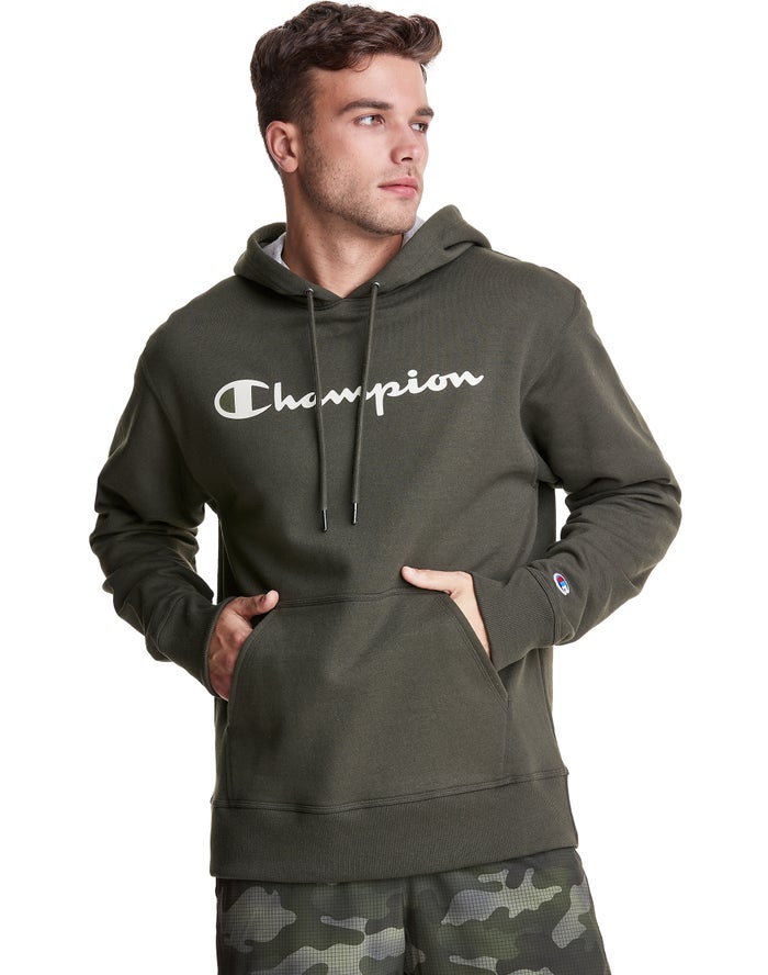 Champion Herre Hættetrøje MørkeGrøn - Powerblend Fleece Script Logo - Danmark ZAT-046178